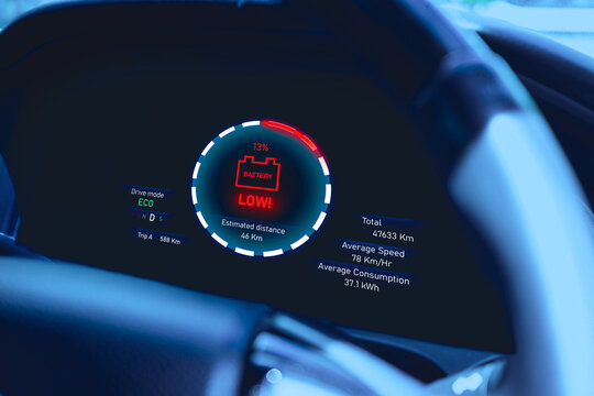 Low battery warning light on instrument panel of EV electric vehicle, Alternative energy concept of saving the world