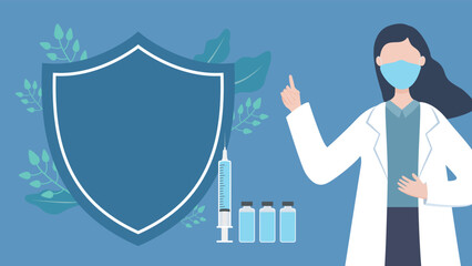 Doctor points to the blank blue shield. Vaccination medical vector illustration background. - obrazy, fototapety, plakaty