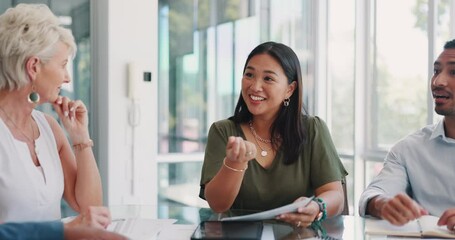 Business people meeting, success and applause of goals, target or finance announcement for profit, sales and marketing with manager. Congratulations, celebration and diversity speaker of kpi results