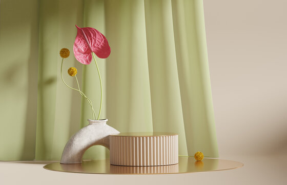 3D display podium beige background with curtain. Pink flower in stone vase. Nature Blossom minimal pedestal for beauty, cosmetic product presentation. Summer and spring copy space template 3d render

