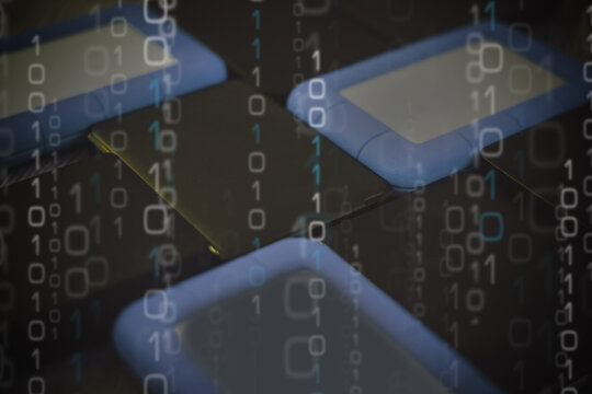 New technology, storage and backup concept. Hard disk drive on background. Flow numbers foreground