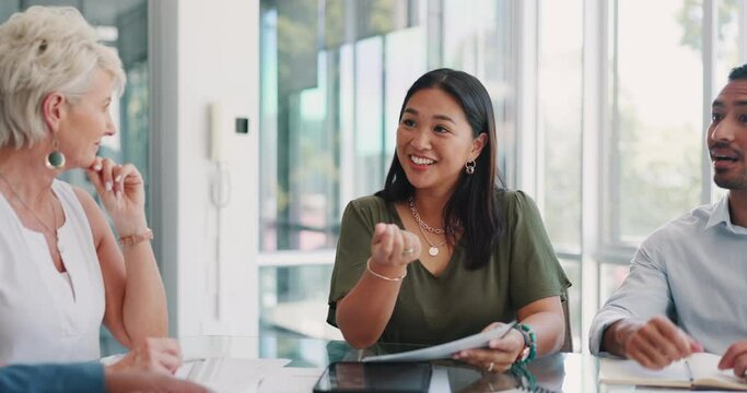 Business people meeting, success and applause of goals, target or finance announcement for profit, sales and marketing with manager. Congratulations, celebration and diversity speaker of kpi results