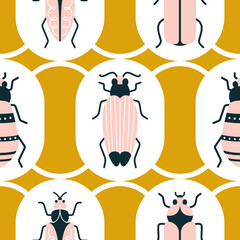 Cute pink bugs in geometric shapes on a yellow background. Vector seamless pattern with Beatles in art deco style