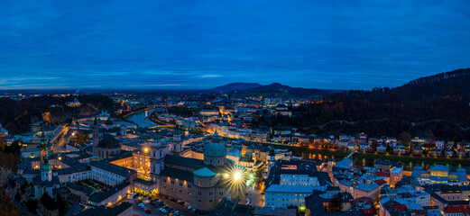 Aerial view of Salzburg in Austria at dusk
