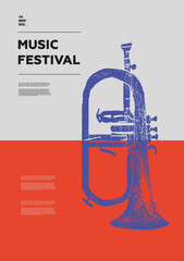 Flugelhorn. Music festival poster. Wind musical instruments. Competition. A set of vector illustrations. Minimalistic design. Banner, flyer, cover, print. © zhu