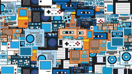 Seamless pattern endless with tech electronics equipment old retro vintage hipster from 70s, 80s, 90s isolated on white background. Vector illustration