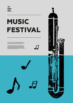 Сontrabassoon, double bassoon. Music festival poster. Wind musical instruments. Competition. A set of vector illustrations. Minimalistic design. Banner, flyer, cover, print.