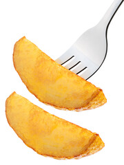 Quarter slice or chip of baked fried potato, on a fork and alone  isolated png