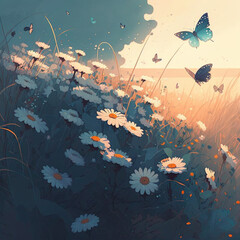 flower field, daisies on a sunny day