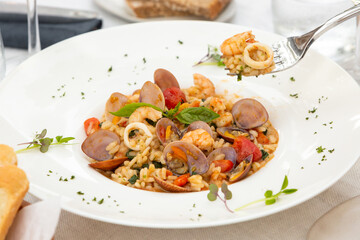 seafood risotto and wood table