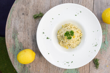 top view food pasta lemon wood table 