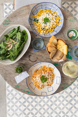 top view food pasta, pattern floor