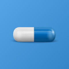 Vector 3d Realistic Blue and White Pharmaceutical Medical Pill, Capsule, Tablet on Blue Background. Front View. Copy Space. Medicine, Male Health Concept