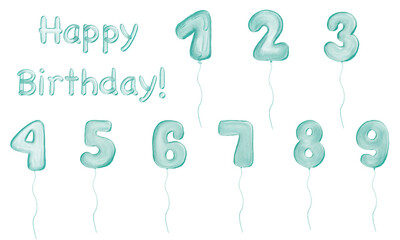 Happy Birthday. Set of glitter blue isolated lettering and numbers. Turquoise blue metallic balloon numbers on transparent background. Design for sublimation designs, cards, invitations.