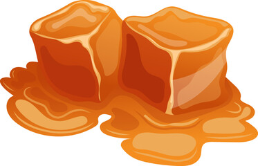 cubes melted caramel cartoon. toffee candy sauce, melted cube, cream pieces, sugar dessert cubes melted caramel vector illustration