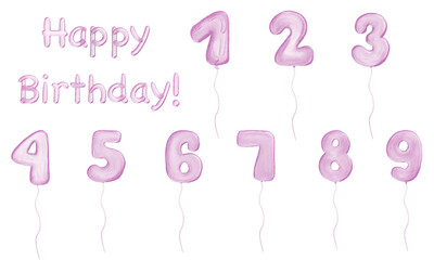 Happy Birthday. Set of glitter pink isolated lettering and numbers. Pink metallic balloon numbers on transparent background. Design for sublimation designs, cards, invitations.