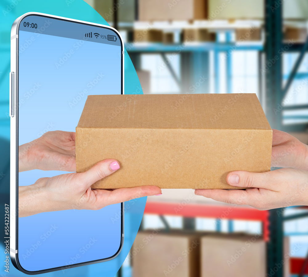 Poster phone with box in screen. hands with box symbolize delivery. box without inscriptions is transferred