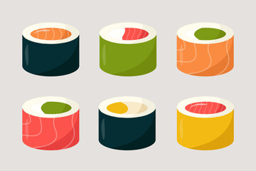 Set of colourful sushi rolls. Sushi with salmon, tuna, avocado. Asian food in flat style.