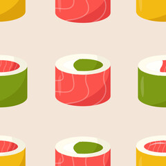 Seamless pattern with colourful sushi rolls. Sushi with salmon, tuna, avocado. Asian food in flat style.