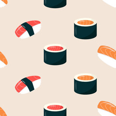Seamless pattern with nigiri and sushi - with tuna and salmon. Asian food in flat style