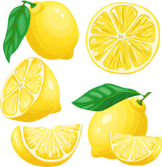 lemon yellow fruit set cartoon. fresh citrus, leaf food, slice cut, green leaves, lemonade lemon yellow fruit vector illustration - obrazy, fototapety, plakaty