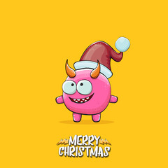 Vector cartoon funky pink monster with Santa Claus red hat isolated on orange background with snowflakes. Childrens Merry Christmas greeting card with funny monster minion elf Santa Claus.