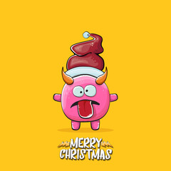 Vector cartoon funky pink monster with Santa Claus red hat isolated on orange background with snowflakes. Childrens Merry Christmas greeting card with funny monster minion elf Santa Claus.