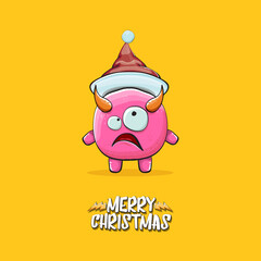 Vector cartoon funky pink monster with Santa Claus red hat isolated on orange background with snowflakes. Childrens Merry Christmas greeting card with funny monster minion elf Santa Claus.