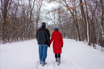 Fototapeta na wymiar couple walking in winter park