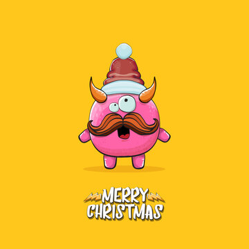 Vector cartoon funky pink monster with Santa Claus red hat isolated on orange background with snowflakes. Childrens Merry Christmas greeting card with funny monster minion elf Santa Claus.