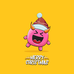 Vector cartoon funky pink monster with Santa Claus red hat isolated on orange background with snowflakes. Childrens Merry Christmas greeting card with funny monster minion elf Santa Claus.