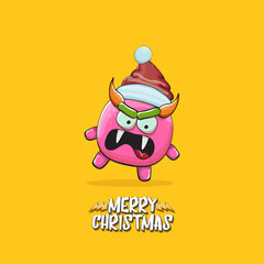 Vector cartoon funky pink monster with Santa Claus red hat isolated on orange background with snowflakes. Childrens Merry Christmas greeting card with funny monster minion elf Santa Claus.