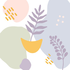 Abstract background with shapes and leaves. Minimalist contemporary nature art in purple color.