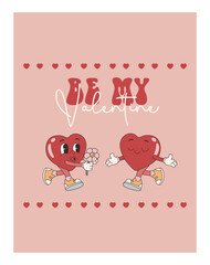 Groovy lovely hearts card. Love concept. Happy Valentines day. Funky happy heart character in trendy retro 60s 70s cartoon style. Vector illustration in pink red colors.