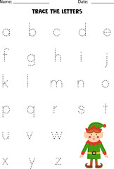 Fototapeta premium Worksheet with cute elf. Trace lowercase letters of alphabet.