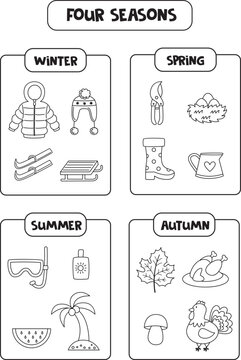Learning four seasons for kids. Black and white educational worksheet.