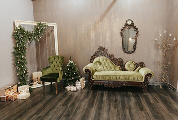 Luxurious interior in vintage style. Classic living room interior with sofa, pillows and mirror.