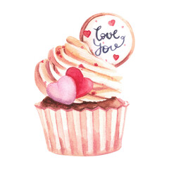 Sweet cupcakes with cream, decorated with hearts. Valentine's Day. Watercolor illustration. Design of postcards, textiles.