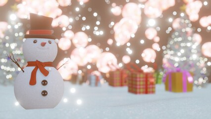 snowman and christmas trees and gift boxes.