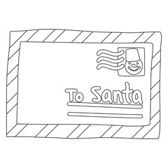 Envelope with letter to Santa Claus, doodle style flat vector outline for kids coloring book