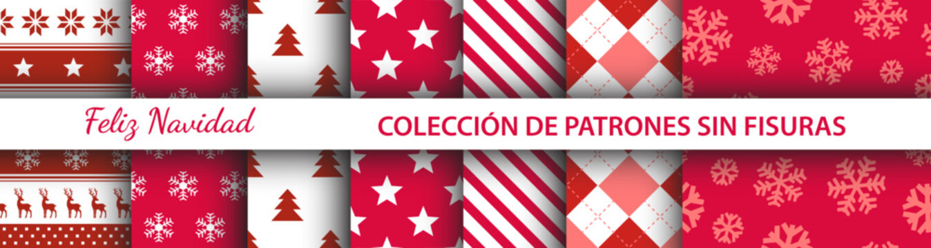 Colecci&oacute;n de patrones sin fisuras de Navidad. Gr&aacute;ficos decorativos para textiles, prendas de vestir y papel de regalo. Estrellas, copos, renos, &aacute;rbol de navidad. Dise&ntilde;os ornamentales de vacaciones.
