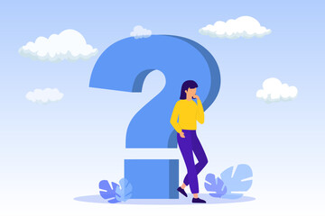 Question or problem solving. Question dilemma problem concept. Thinking woman asking questions. Choice concept. Concept of asking questions, solving puzzle or business problem