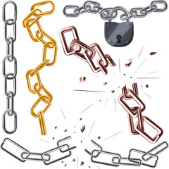chain metal set cartoon. link steel, connection iron, concept object, security graphic, element, protection strength chain metal vector illustration