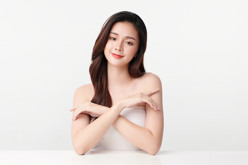 Naklejka premium Beautiful young asian woman with clean fresh skin on white background, Face care, Facial treatment, Cosmetology, beauty and spa, Asian women portrait.
