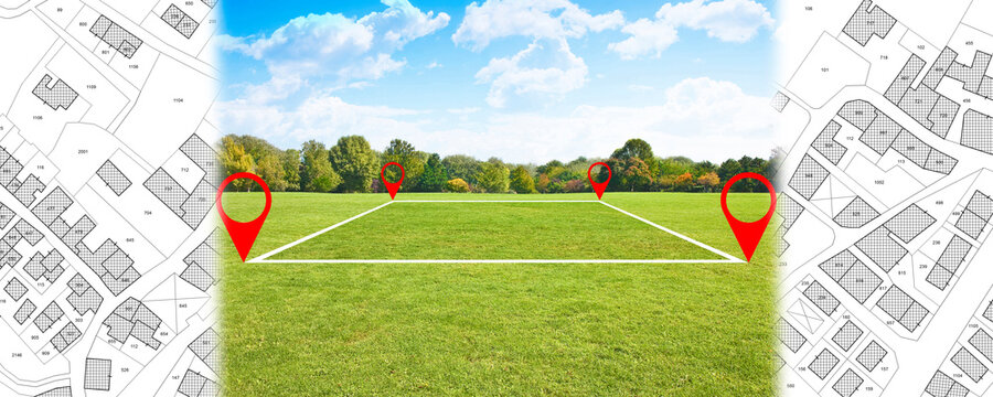 Land plot management - real estate concept with a vacant land on a green field available for building construction in a residential area and imaginary cadastral map