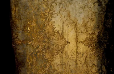 Deurstickers Gold distressed surface, rococo elements on golden structured background, old, vintage, gold, mix media distressed, illustration, generative ai © Caphira Lescante