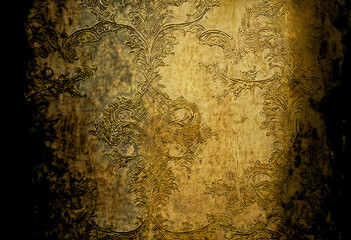 Gold distressed surface, rococo elements on golden structured background, old, vintage, gold, mix media distressed, illustration, digital