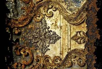 Gold distressed surface, rococo elements on golden structured background, old, vintage, gold, mix media distressed, illustration, generative ai