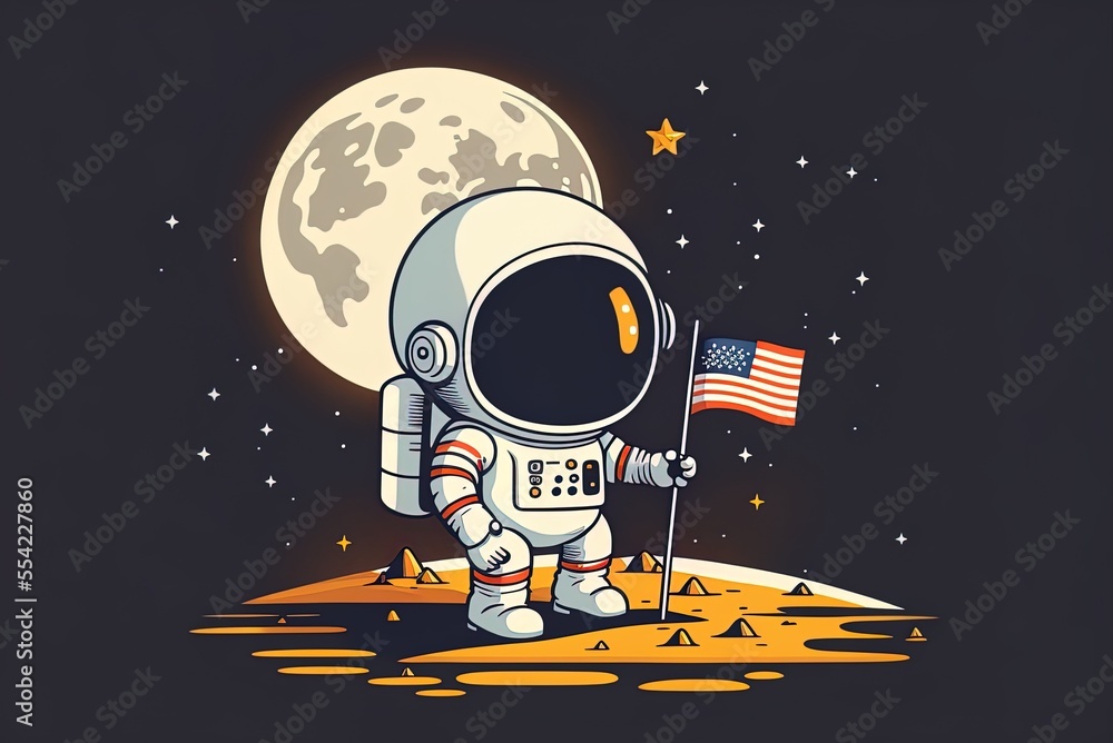 Poster  image in the style of a flat cartoon showing a cute astronaut with a flag on the moon, representing the theme of science and technology. Generative AI