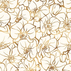 Golden orchid seamless pattern. Outline hand drawn dendrobium flowers endless background. - obrazy, fototapety, plakaty